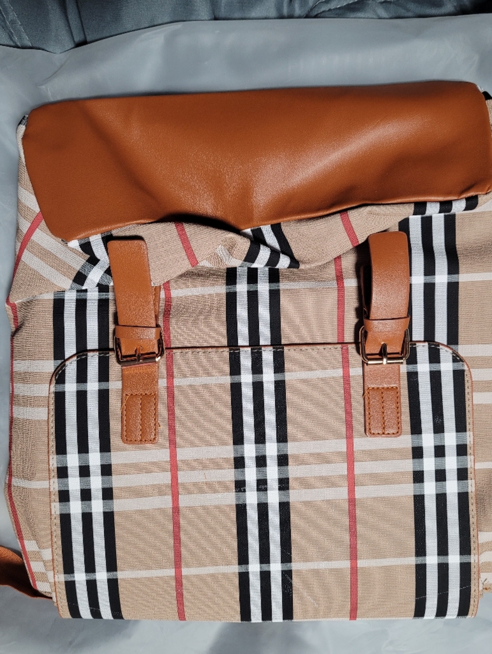 Tan Plaid Loulu Backpack with Brown Trim